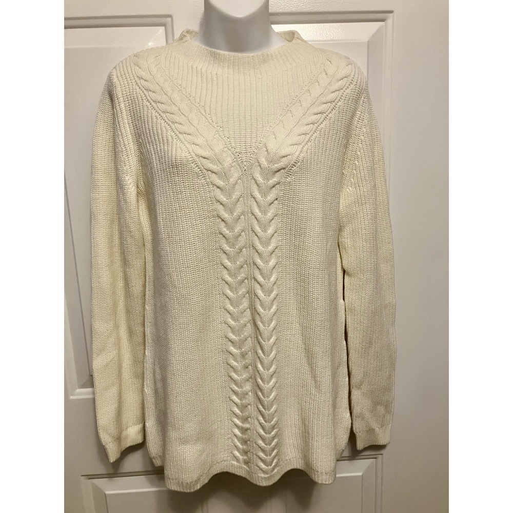 Talbots Ivory Cable Knit Sweater Women's Size‎ Medium Mock Neck Lambswool Blend